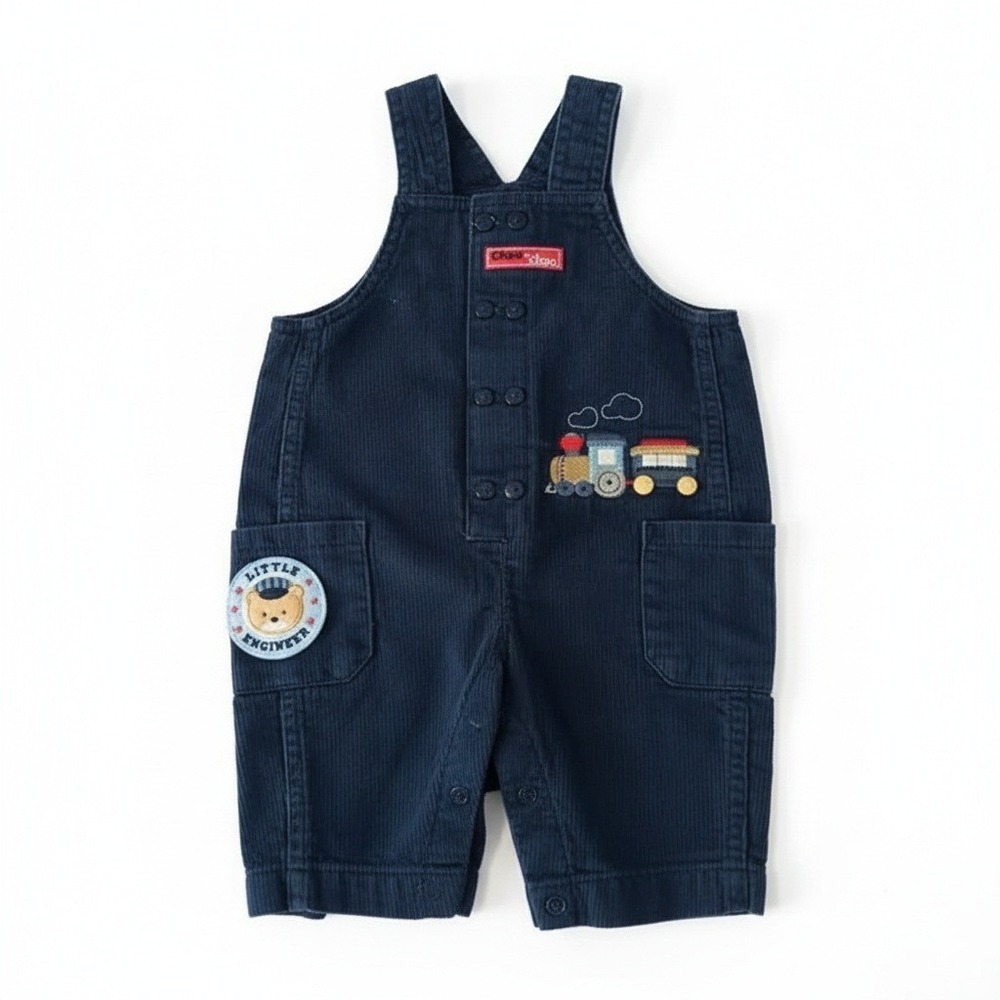 Vintage First Moments Little Engineer Train Overalls 0-3M Navy Blue Canvas